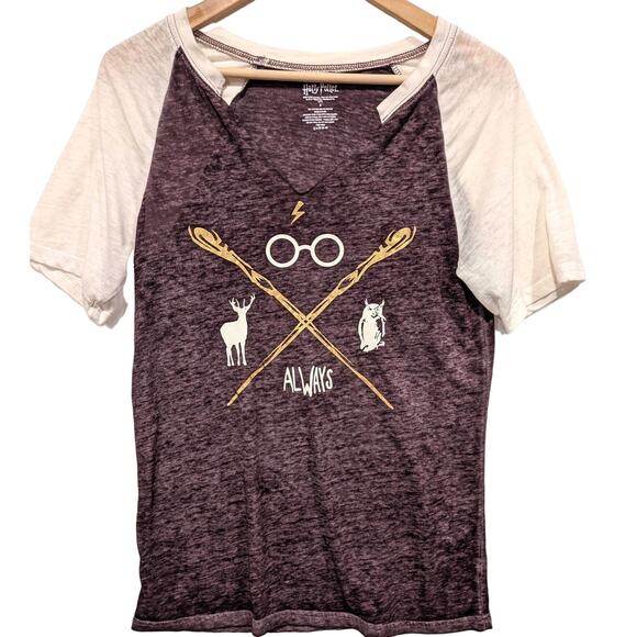 Harry Potter Graphic Symbol Burnout Tee Purple White V-Neck - Picture 1 of 4